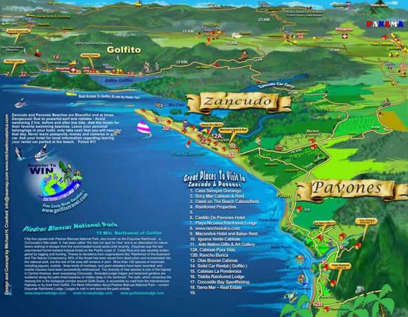 Mapa do sul da Costa Rica, da região de Zancudo e Pavones, com as estradas de acesso